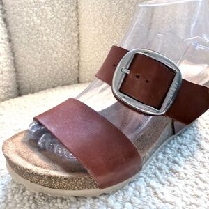 Yokono Leather Wedge Sandals [Size 7.5] Cognac Brown Cork Platform Buckle Slide